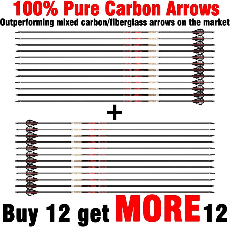 100% Pure Carbon Hunting Arrows - Olympic-Grade 10 Spine Deflection | Straightness 0.001"/0.003"/0.006" | Ideal for Compound & Recurve Bows (12/24PCS)