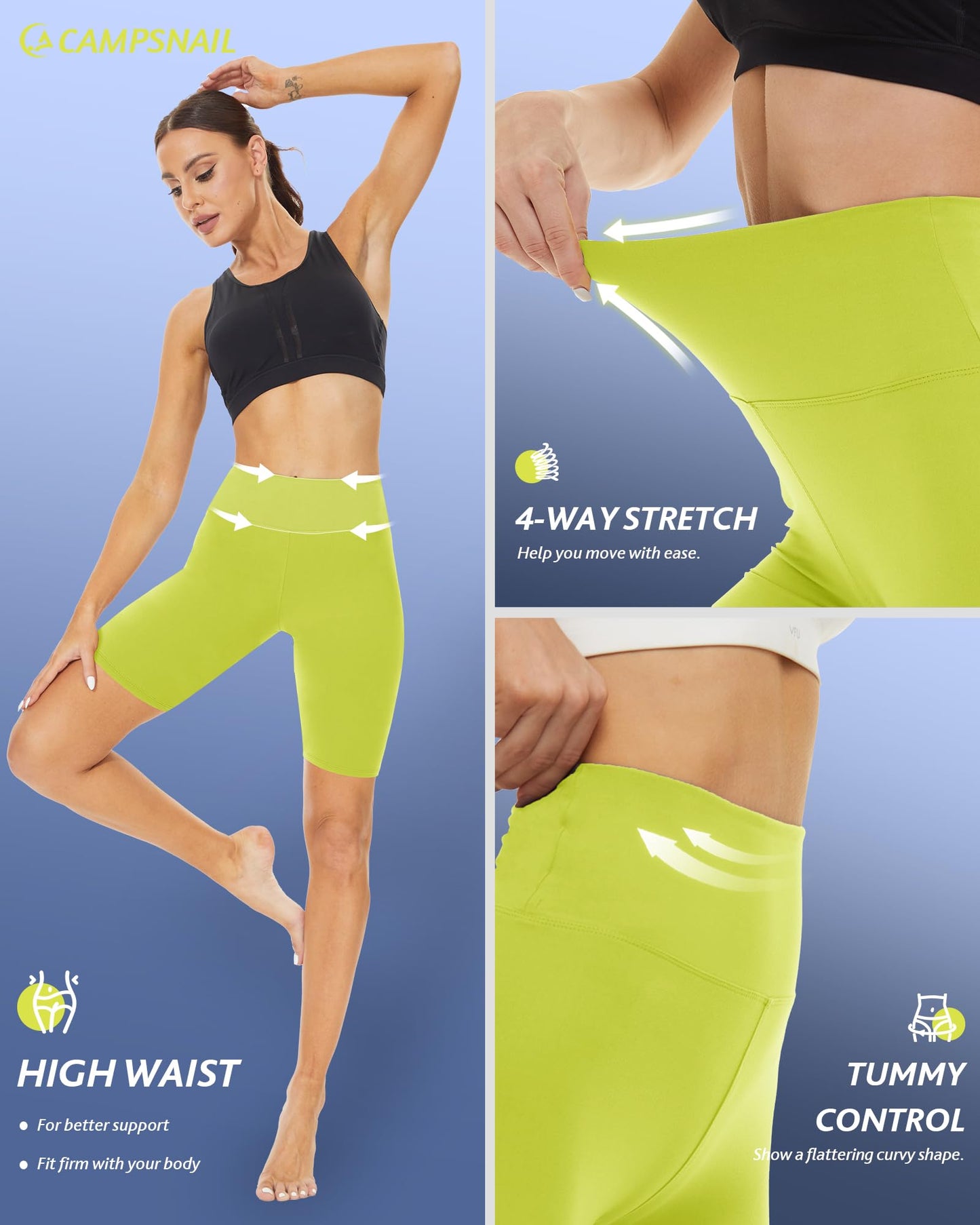CAMPSNAIL Workout Biker Shorts Women - 3"/5"/8" High Waisted Tummy Control Spandex Booty Volleyball Shorts for Yoga Dance Neon Yellow