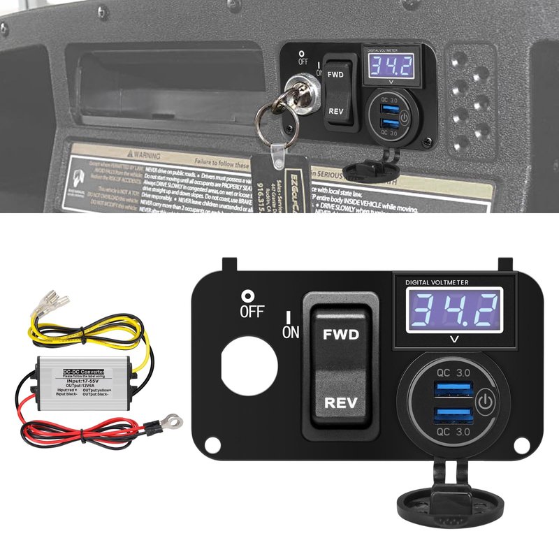 briidea 3 in 1 Multifunctional Integrated Panel with DC 17V-55V Dual QC3.0 USB Fast Charger Socket, LED Wide Range Voltmeter & Forward Reverse Switch, Compatible with EZGO TXT, PDS & Medalist