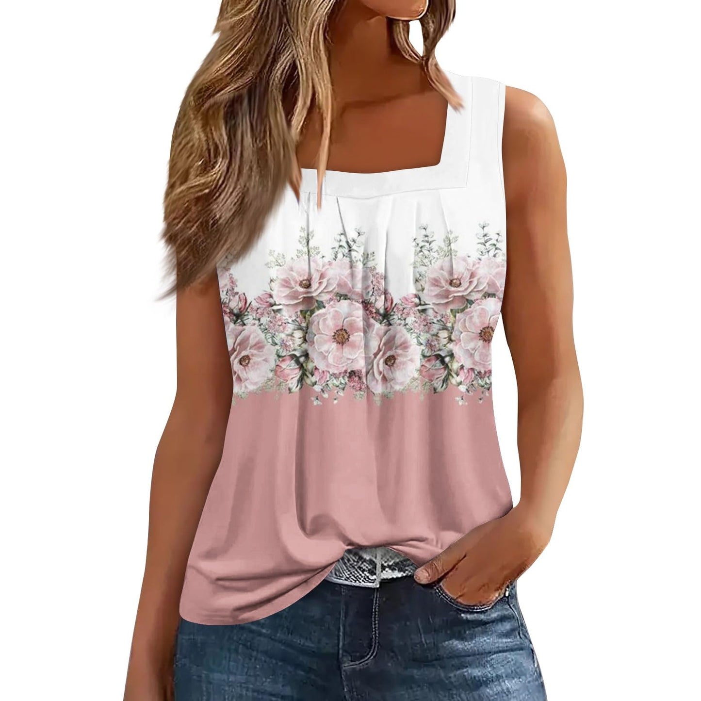 Womens Tank Tops, Cute Tank for Women Sleeveless Long Sport Spring Soft Polyester Tank Tops Floral Loose Camisole Square Neck Tops Woman Pink