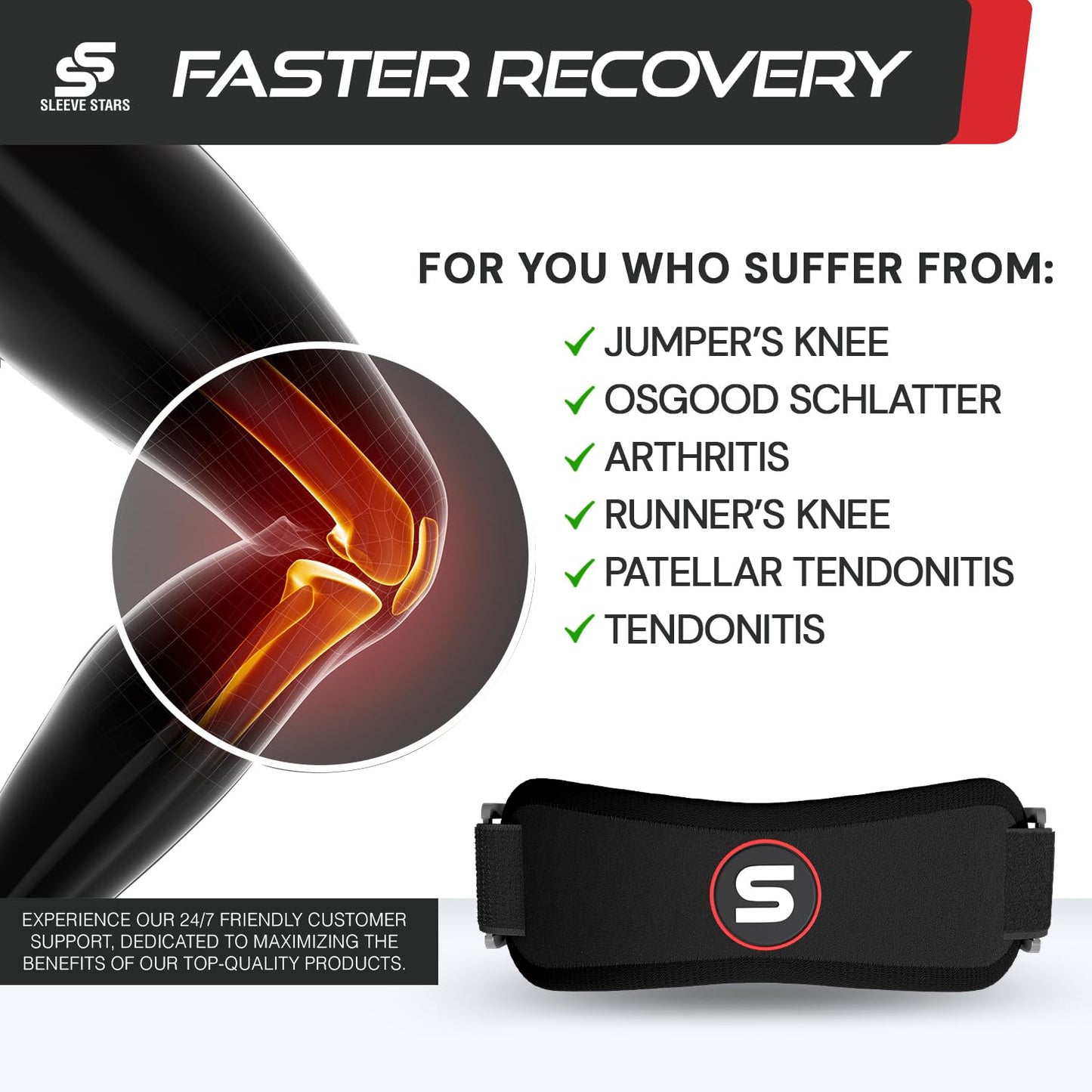 SS SLEEVE STARS Patellar Tendon Support Strap Swedish Brand for Women & Men Effective Osgood Schlatter Knee Brace Youth & Kids with 3 Adjustable Length fits 12"-24" (Pair/Black/Adult)