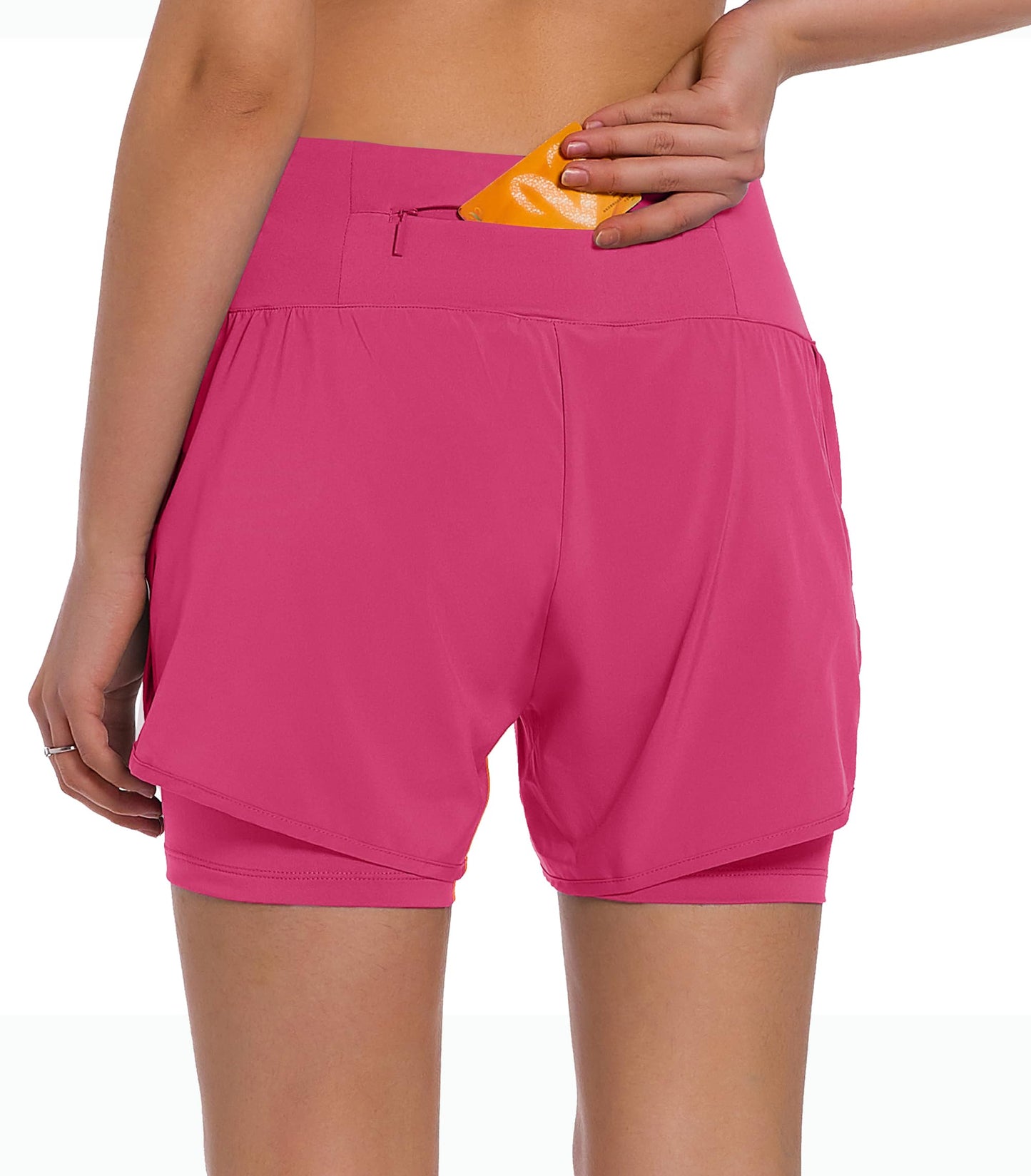 Ksmien Women's 2 in 1 Running Shorts - Lightweight Athletic Workout Gym Yoga Shorts Liner with Phone Pockets Neon Pink