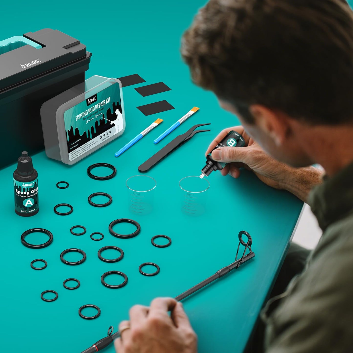 ailiaili Fishing Rod Repair Kit, Fishing Pole Eyelet Repair -13 Sizes 52Pcs Ceramic Guide Rings for Replacement, Rod Tip Accessories & Gear | High-Hardness | Low-Friction/w A&B Epoxy Glue Tweezer