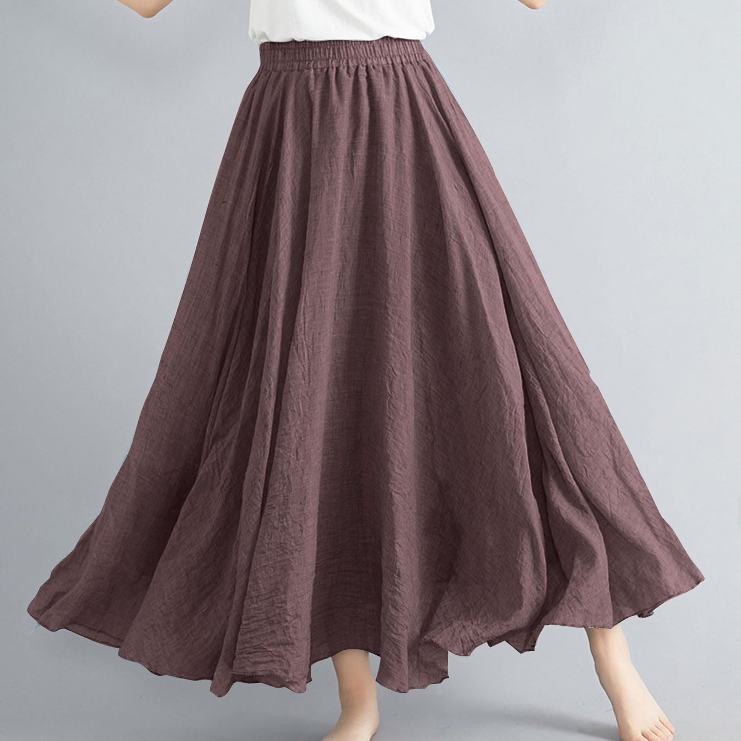 Womens Linen Maxi Skirts Summer Boho Solid Beach Elastic High Waist Pleated A-Line Flowy Swing Long Maxi Skirts Brown