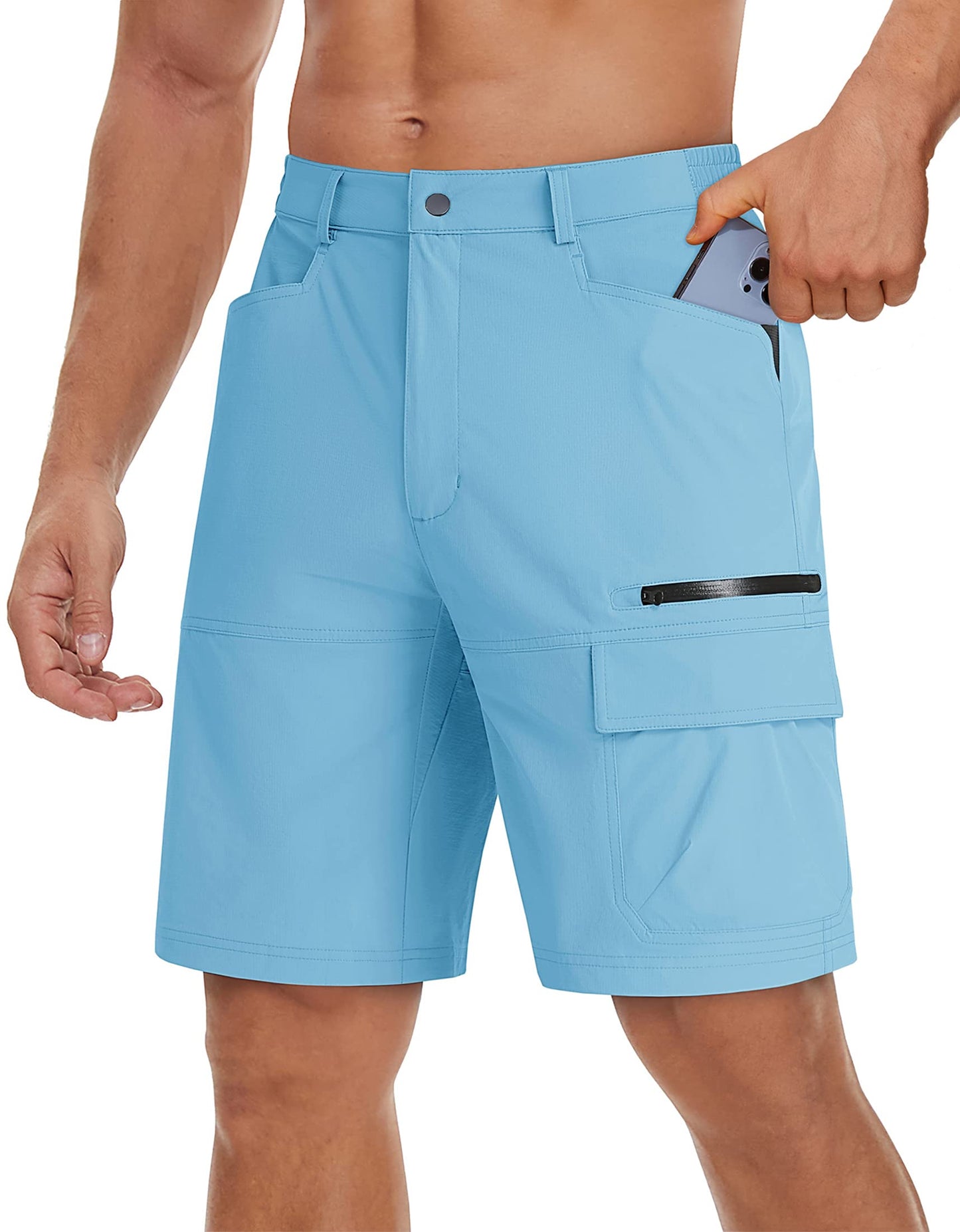 TACVASEN Mens 10" Hiking Shorts Golf Outdoor Lightweight Quick Dry Summer Casual Dress Fishing Shorts with Zipper Pockets Sky Blue 36