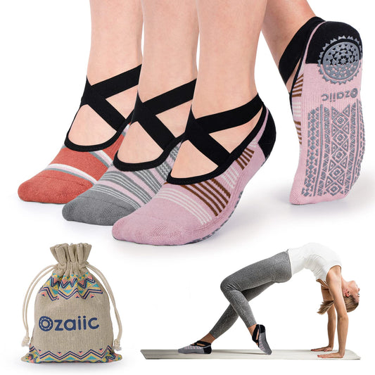 Ozaiic Non Slip Socks for Yoga Pilates Barre Fitness Hospital Socks for Women (3 Pairs -Orange/Pink/Gray)