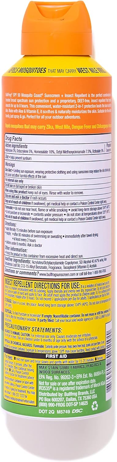 Bullfrog Mosquito Coast Bug Spray | Insect Repellent & Sunscreen SPF 50 - 5.5oz Continuous Spray