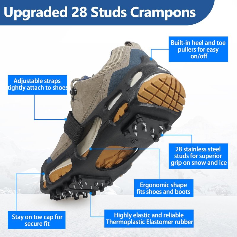 Ice Cleats, Crampons Ice Cleats for Shoes and Boots Men Women Kids, Anti Slip 28 Shoe Spikes for Snow and Ice, Non Slip Snow Cleats with Straps for Winter Walking Hiking Fishing