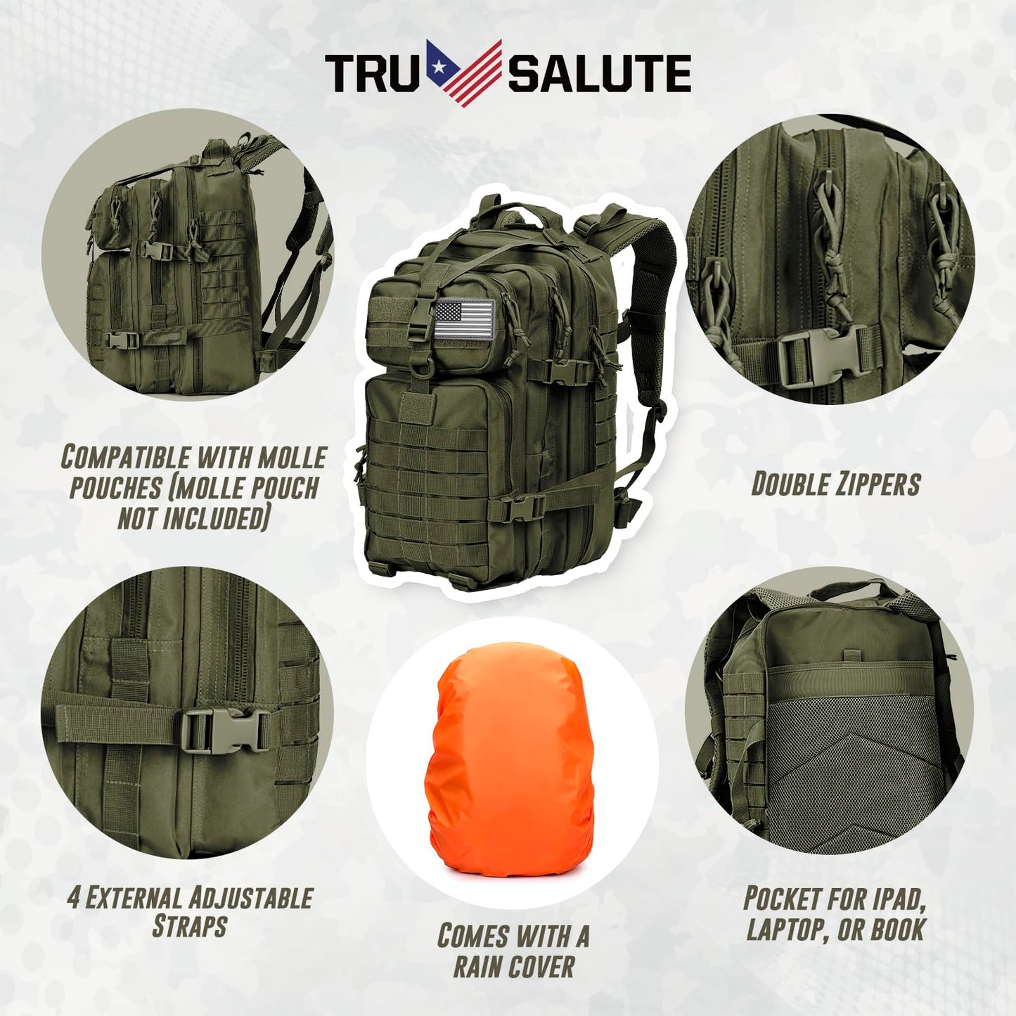 Tru Salute 45L Military Tactical Backpack Large Army 3 Day Assault Pack Molle Bugout Bag Rucksack (Amy Green)