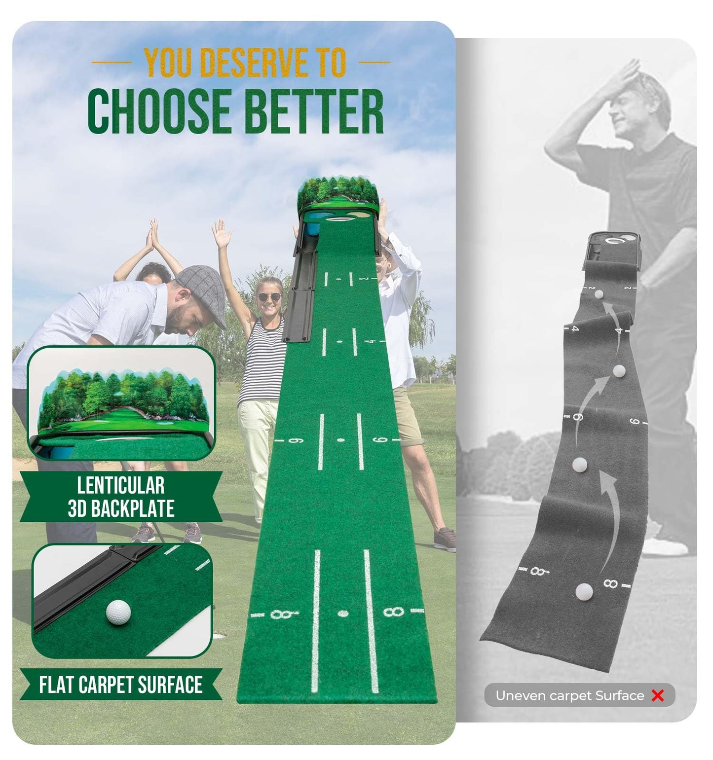 Putting Green Indoor - Golf Putting Mat boasts Genuine Green Speed and a Wrinkle-Free Surface. 8ft Practice Putting Mat with lenticular 3D Backplate, Alignment Guides and Ball Return