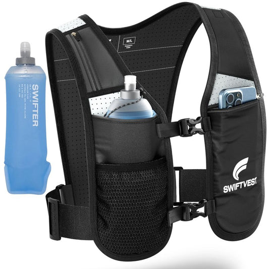 SWIFTVEST Running Vest for Women & Men with Water Bottle | Lightweight Hydration Vest | Reflective Running Gear | Adjustable Fit | 6 Pockets | Phone Holder for Runners