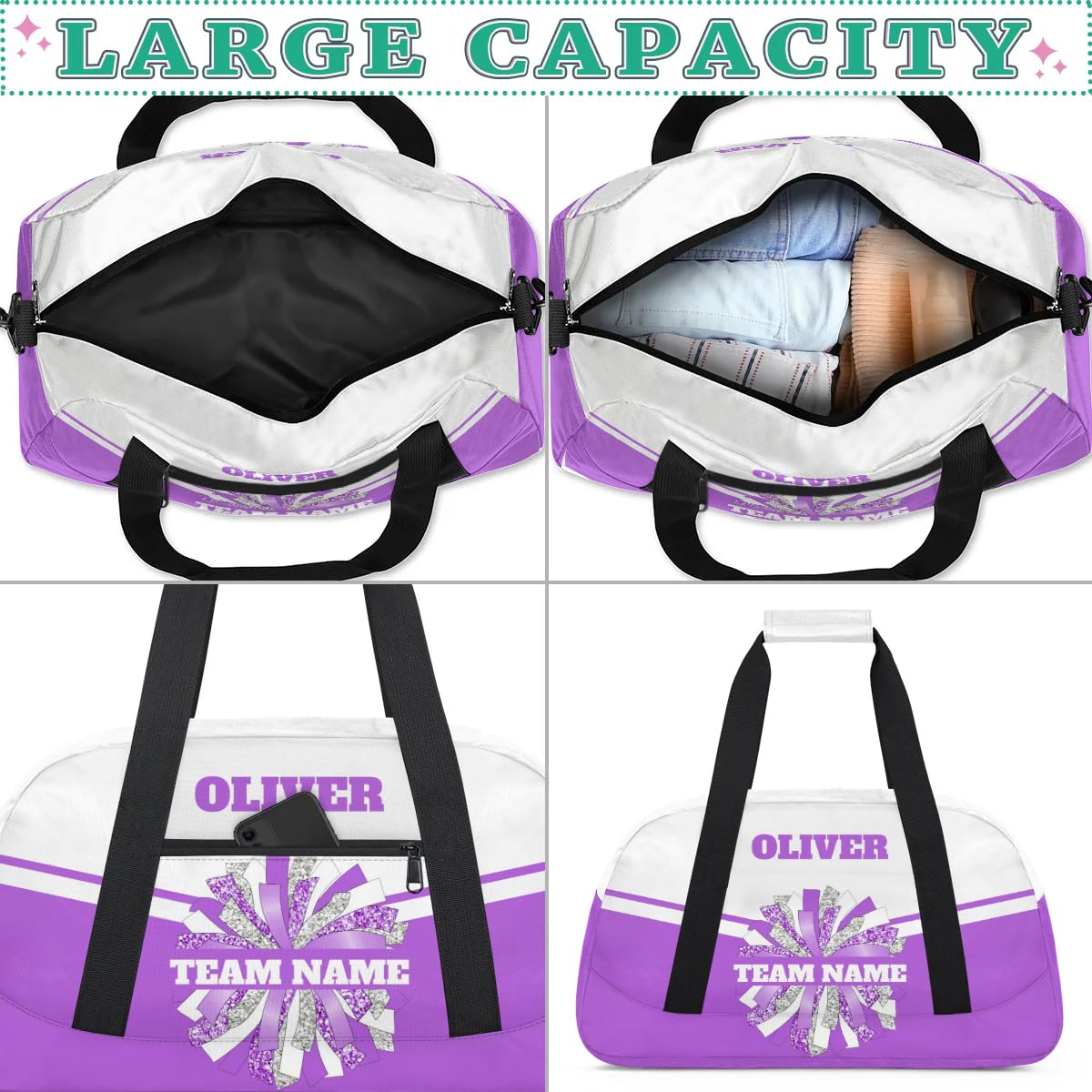 Personalized Cheerleader Bag Dance Bag for Girl, Custom Team Bag Gym Bag Sport Duffel Bag, Weekender Bags Travel Bag for Cheer Team Purple Sliver Glam