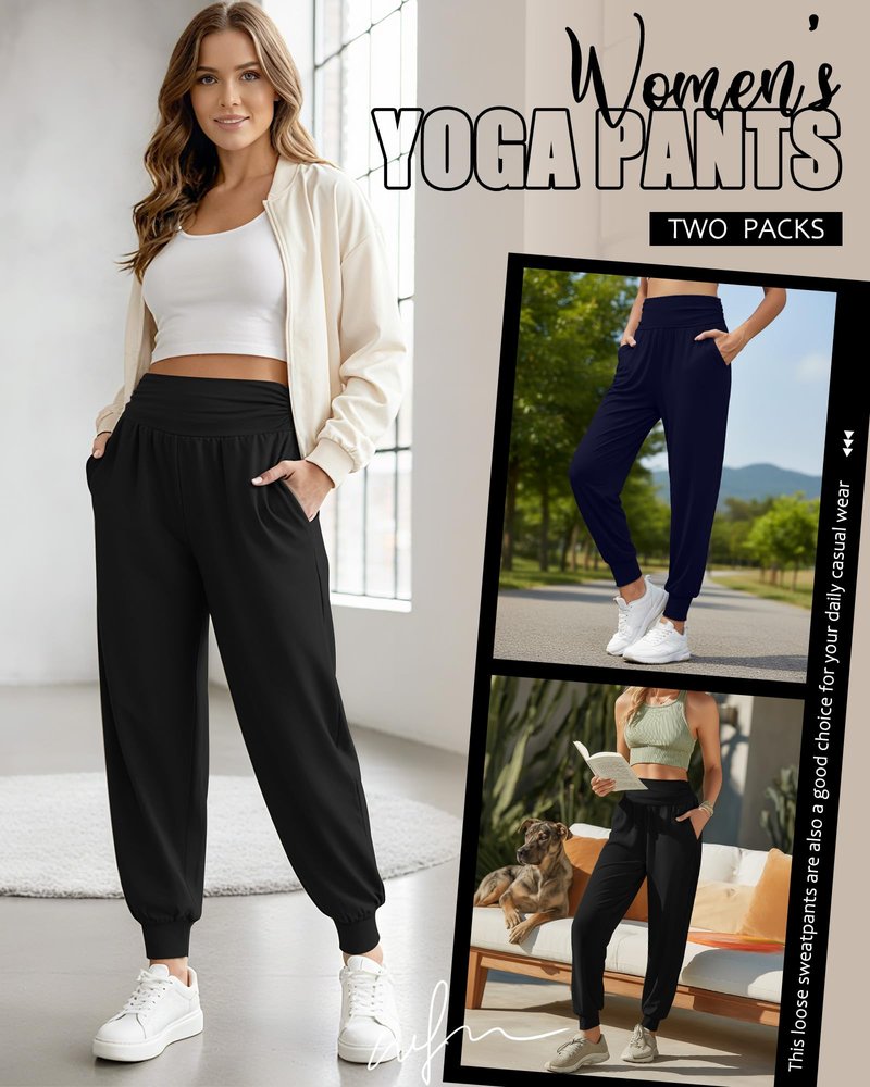 Locoowai 2 Pack Women's Yoga Joggers, Cozy Sweatpants with Pockets Casual Loose Comfy High Waisted Lounge Pants(Black, Navy Blue,Medium)