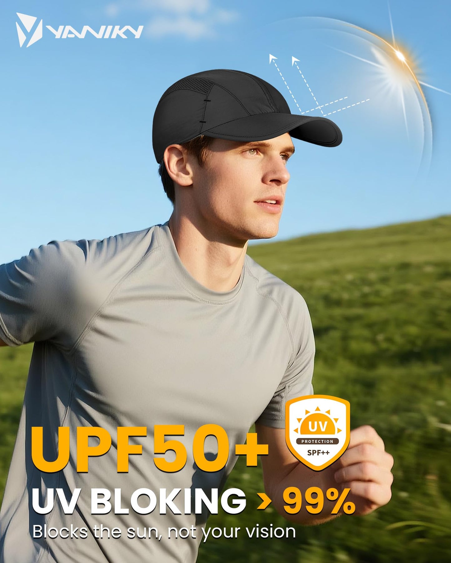 YANIKY Quick-Dry Running Hat for Men & Women Cooling Hat UPF 50+ Thin Baseball Cap Lightweight Breathable Mesh Sport Hats Black
