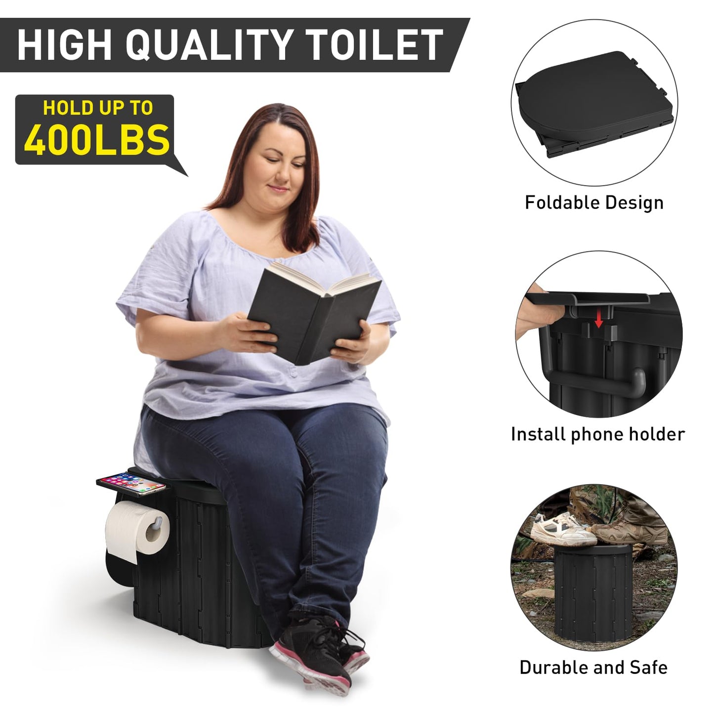 Thallike Portable Camping Toilet with Pop-Up Privacy Tent, 12-inch Toilet Seat, Outdoor Portable Folding Toilet Potty for Adults Load Capacity of 400 Lbs, LED-Light Camping Bathroom (Army Green)
