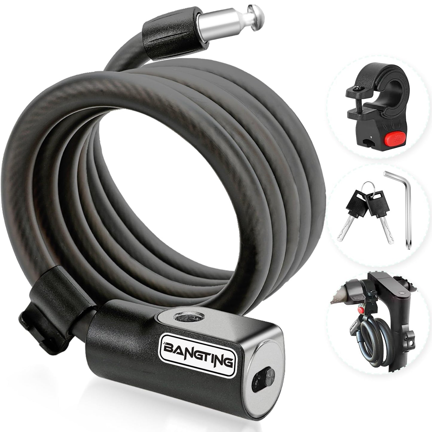 BANGTING 4 Feet Electric Scooter Bike Lock with Mounting Bracket & 2 Keys - 12mm Thick Heavy Duty Keyed Cable Lock, Anti Theft Weatherproof for E-Scooter, Bicycle, Kids Bike, Ebike, Scooter, Stroller