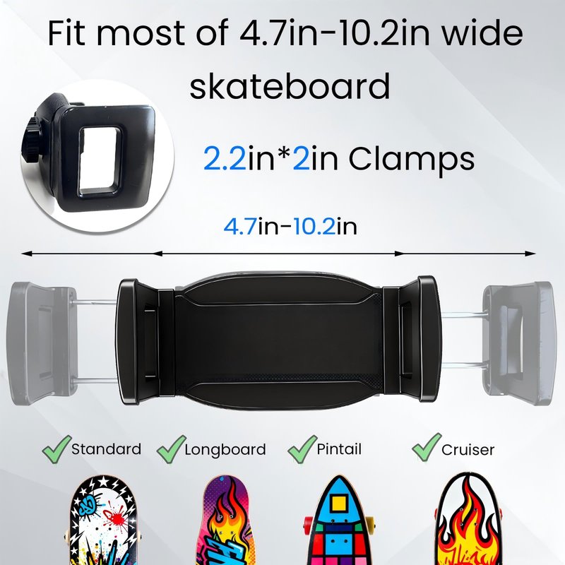 OOHGLITZ Skateboard Wall Mount - 360° Rotatable Skateboard Wall Hanger with Super Big Clips and Metal Base for Floating Display (1 Set)