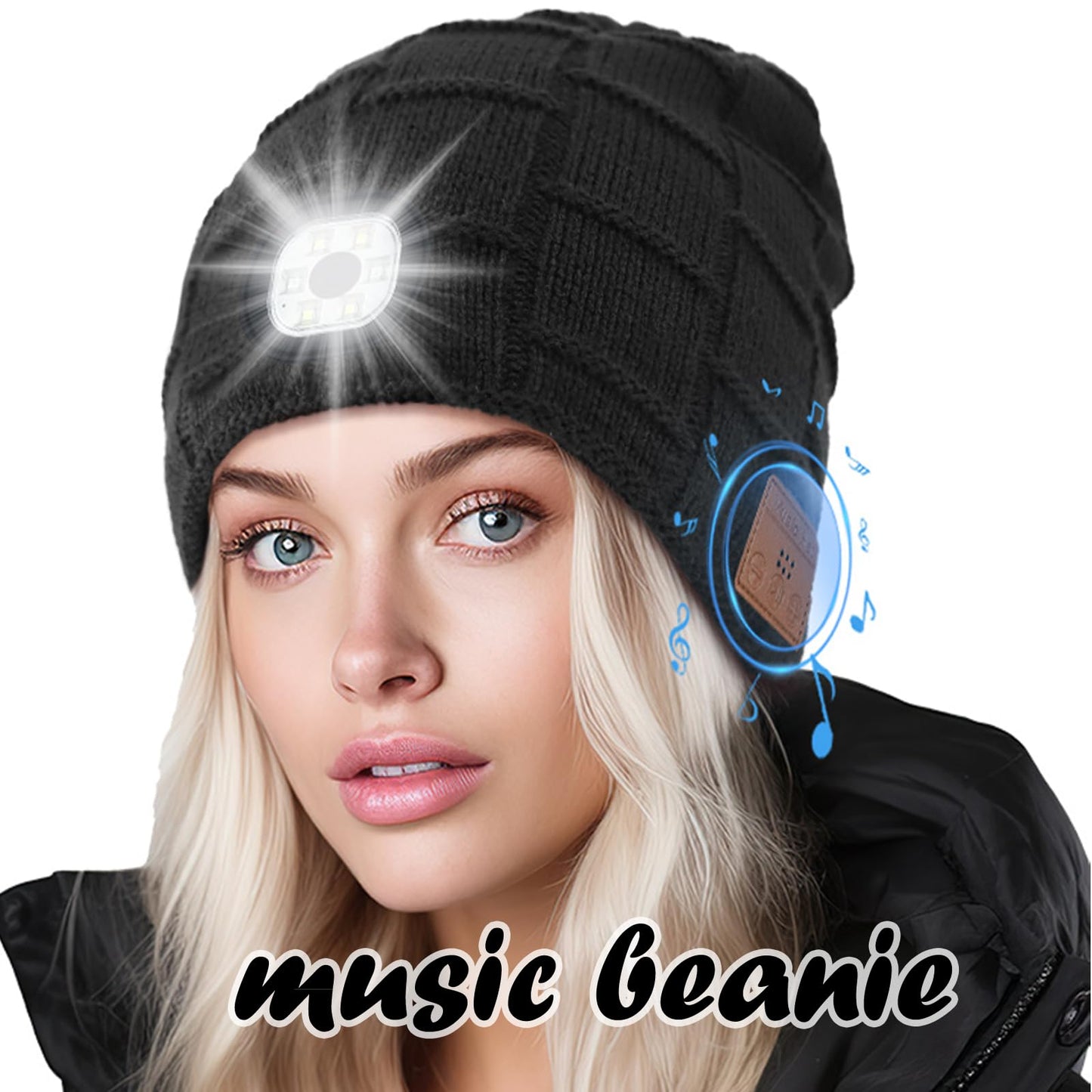 Wireless Beanie Music Hat with Light Unisex Musical Knitted Cap Rechargeable Beanie with Light Built-in Speakers Mic Headphone Beanie Hat Gifts for Men Women Running Camping Fishing Travelling