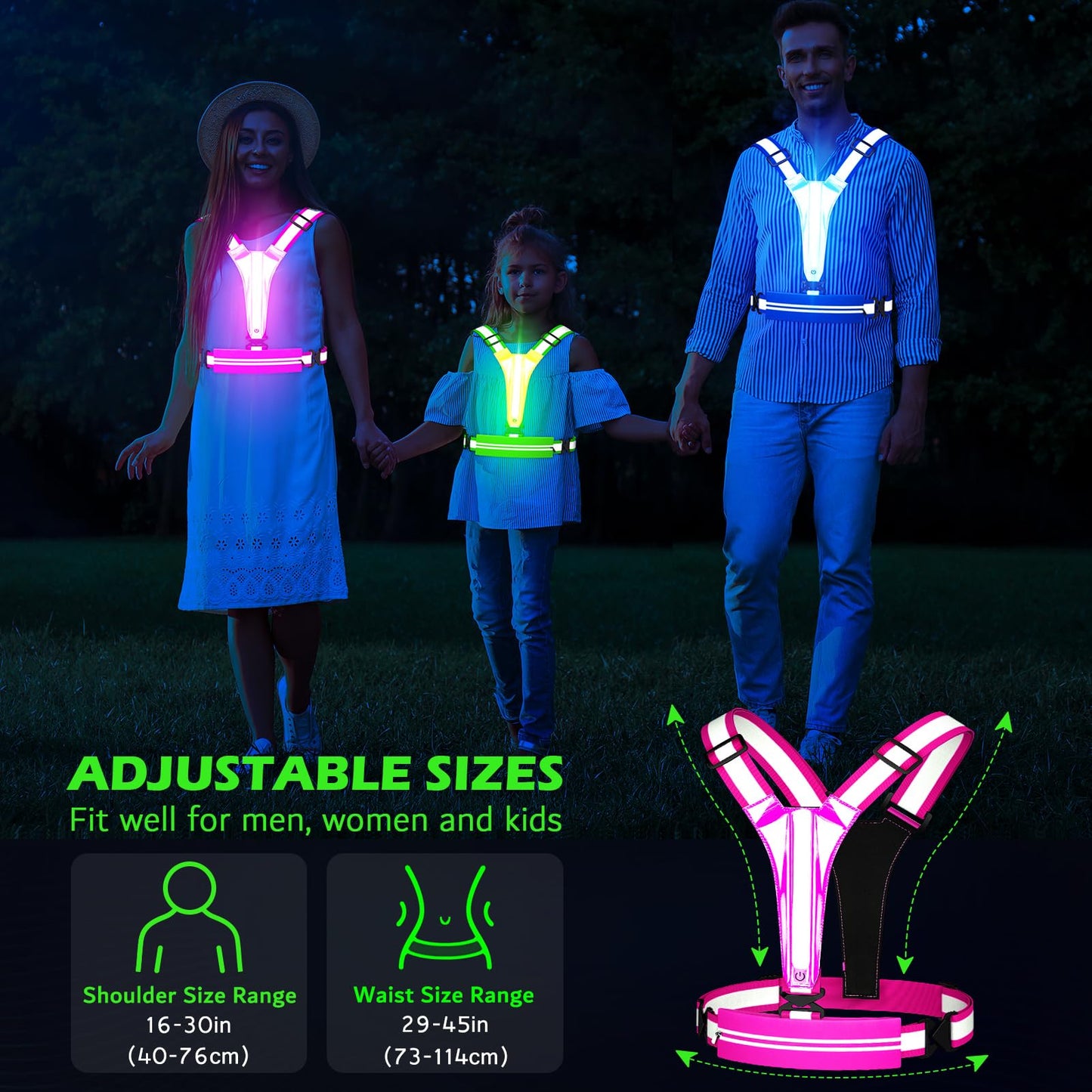 Ylzzrs LED Reflective Vest Running Gear, USB Rechargeable Light Up Running Vest Chest Phone Holder for Runners Night Walking,6-11hrs Light Adjustable Waist/Shoulder for Women Men Kids (Pink)