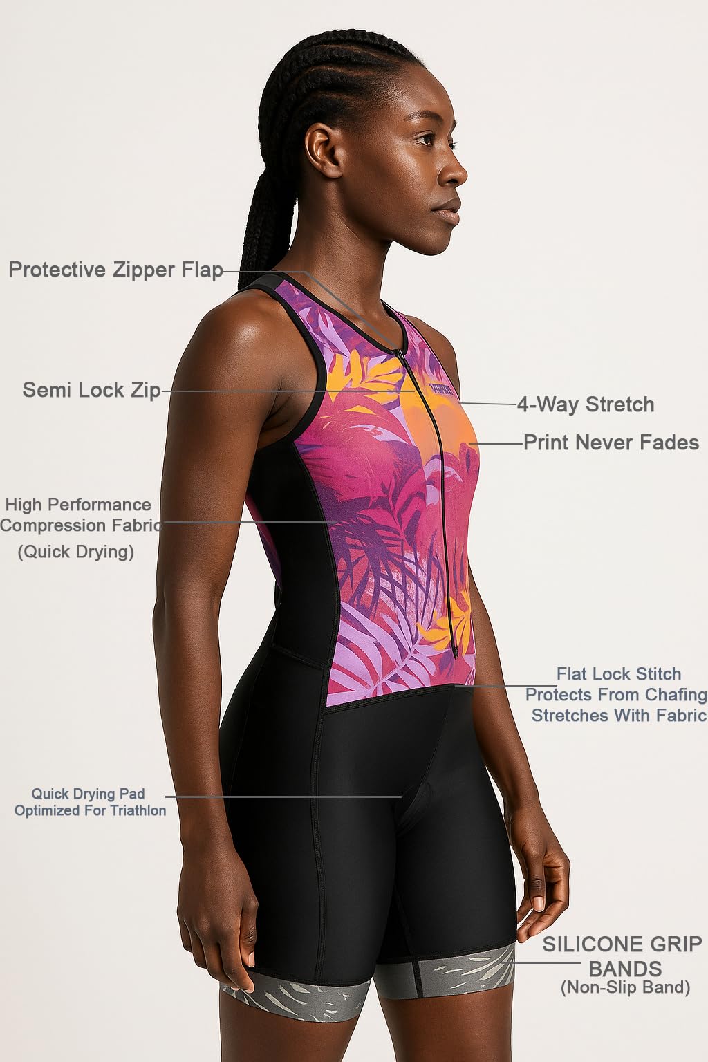 WIXEN Women's Triathlon Suit Sleeveless Tri Suit Padded Cycle Race Swim Bike Run Trisuit Back Pockets (Multi Leafs, XL)
