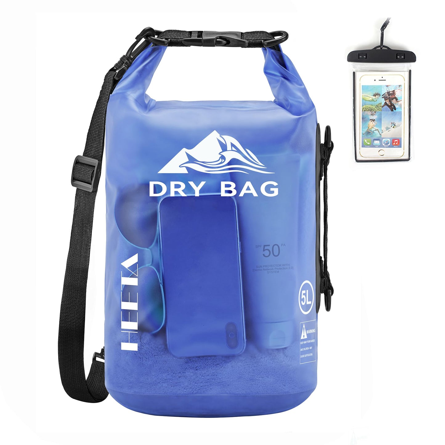 HEETA Dry Bag Waterproof for Women Men, Roll Top Lightweight Dry Storage Bag Backpack with Phone Case for Travel Swimming Boating Kayaking Paddle Board Camping Beach Accessories (Bluish Violet, 10L)