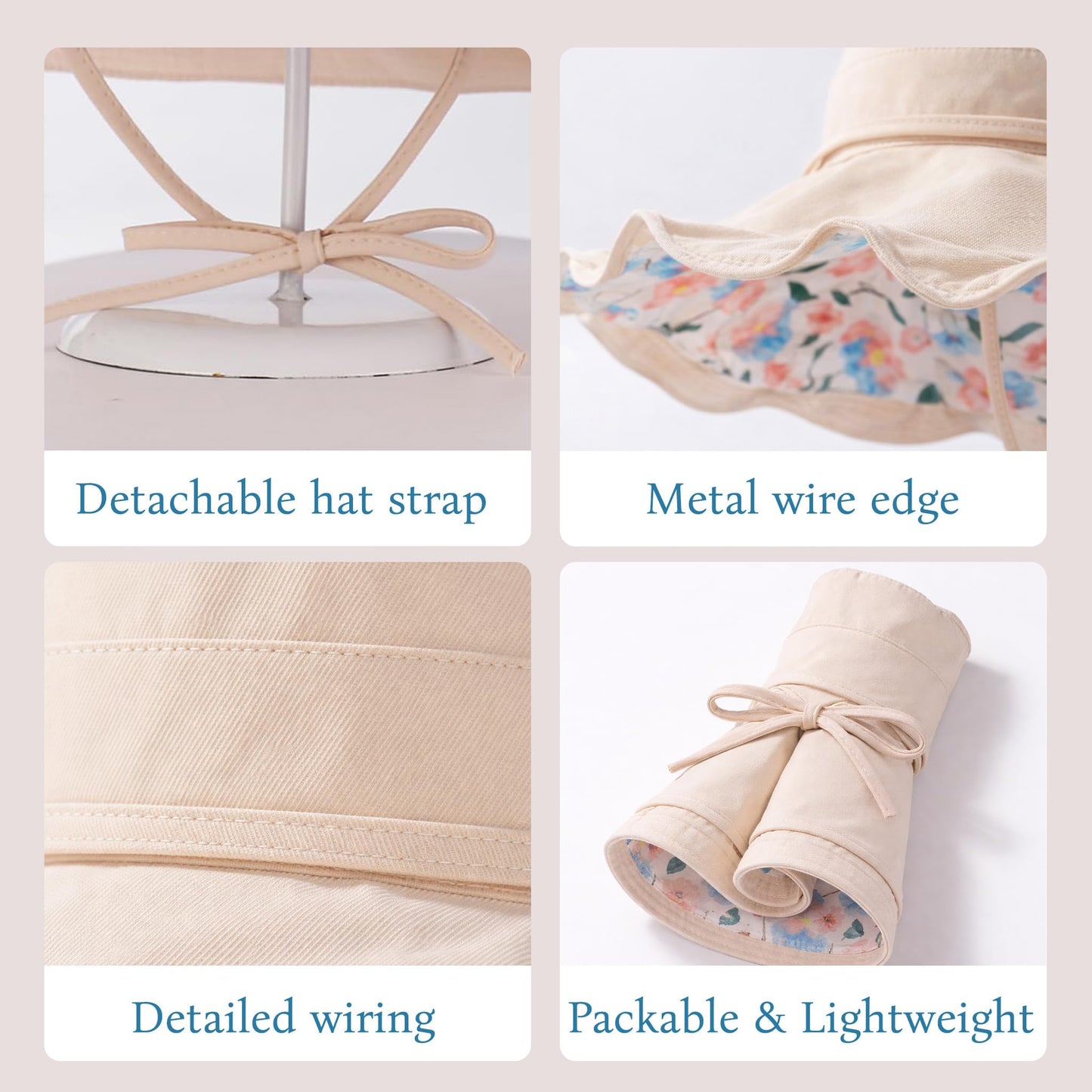 Wide Brim Sun Hat for Women Reversible Beach Hats Metal Wired Edge Gardening Hats, UPF 50+ Bucket Summer Hat