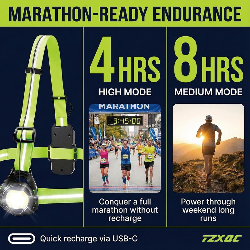 TZXQC LED Running Sash Light - Rechargeable Crossbody Chest Light for Dog Walking & Winter Jogging - 500LM Adjustable Beam, Reflective Shoulder Strap & Red Rear Safety Light for Runners Men Women