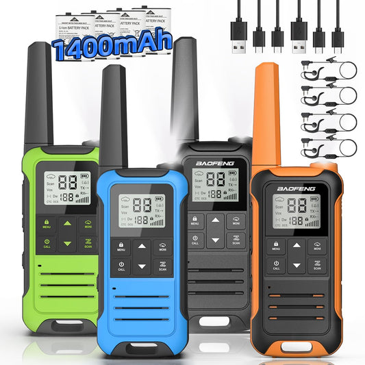 Baofeng Walkie Talkies Long Range for Adult FRS Radio Rechargeable Walkie-Talkie Two Way Radios,Hiking Accessories,Gear Toys for Kids with Lamp,NOAA Weather Alert,VOX,Easy to Use Walky Talky 4 Pack