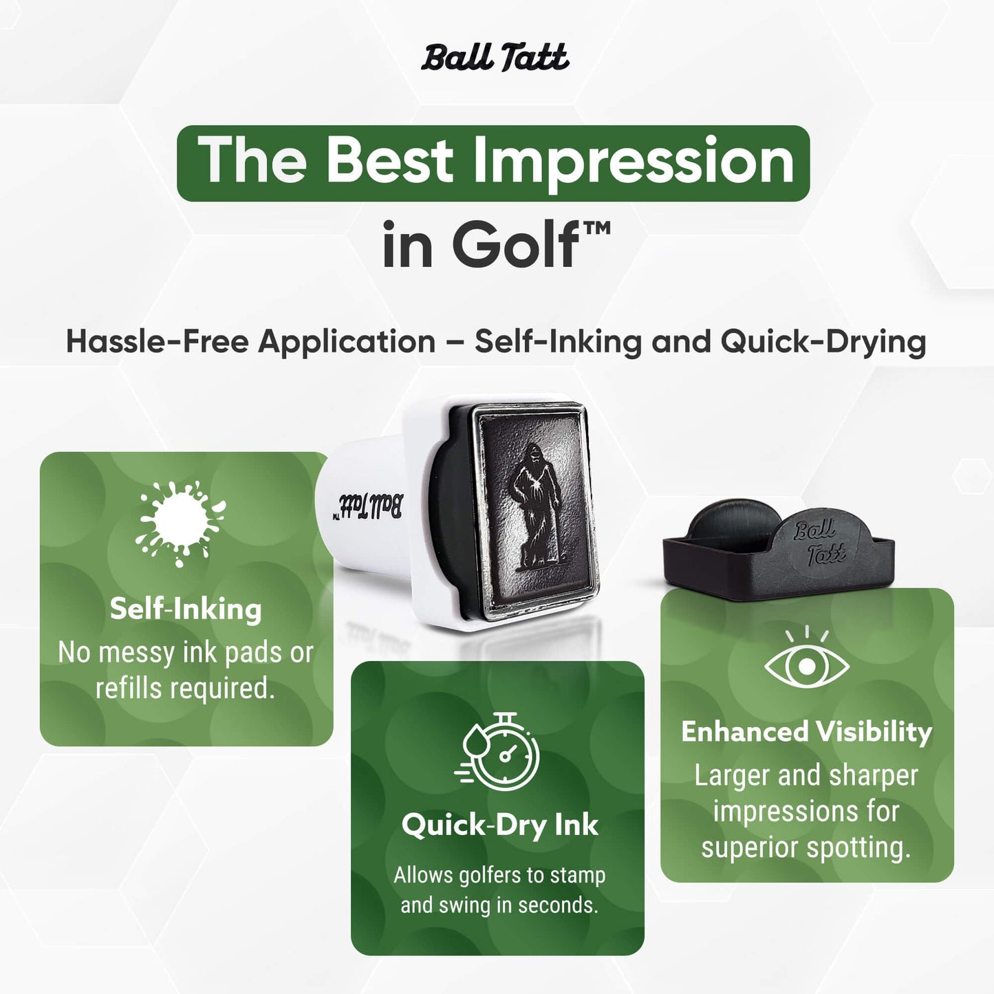 Ball Tatt - Golf Ball Stamp - Self-Inking Marker - Quick-Dry Permanent Marking Tool, No Leaks or Refills, Reusable & Waterproof Golfing Stamper - Ideal Gift for Golfers, Dads, (Sasquatch Golfer).