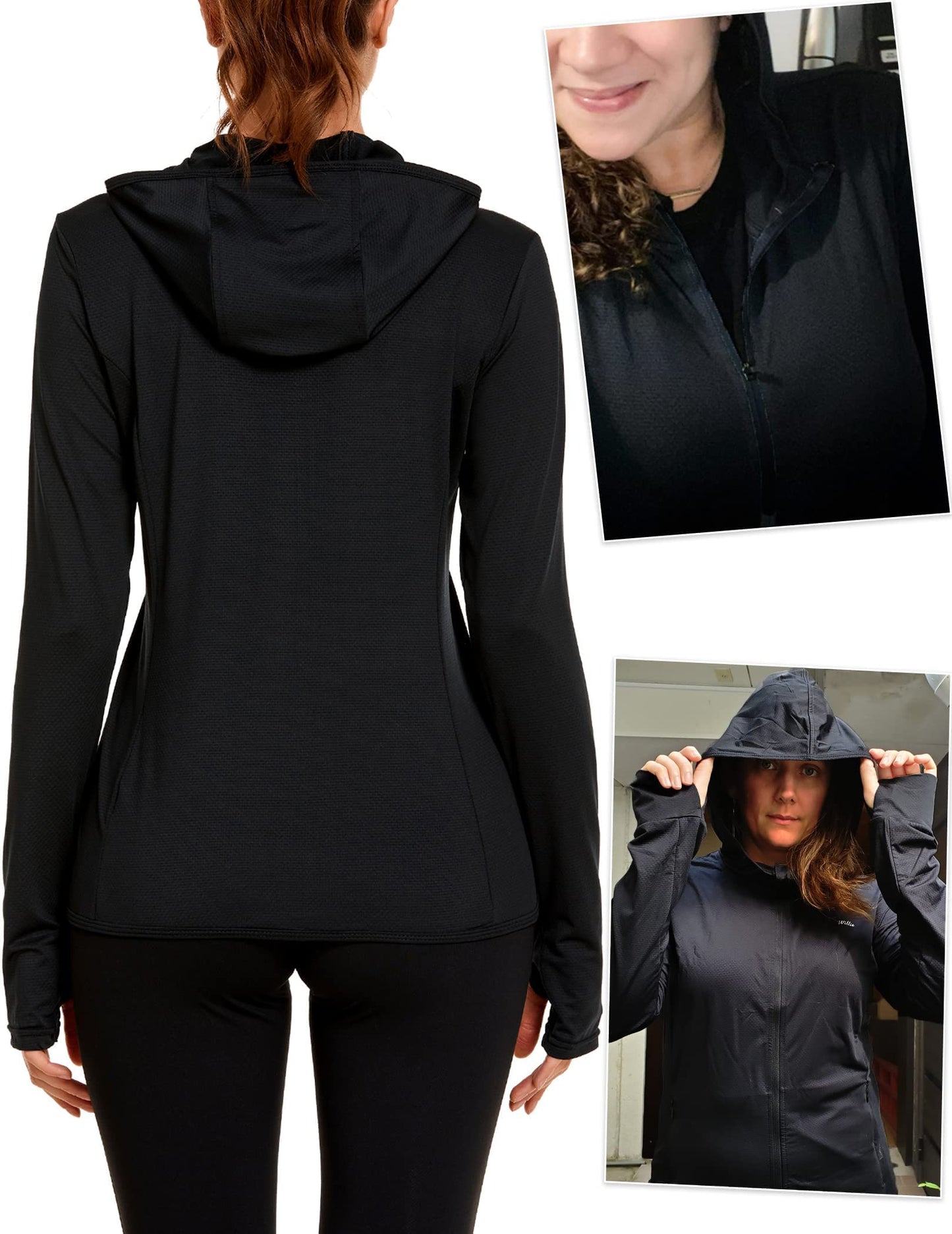 COOrun Women's UPF 50+ Sun Protection Hoodie Jacket Lightweight Full Zip Running Jacket Athletic Workout Top with Thumb Holes Zipper Pockets Black XL