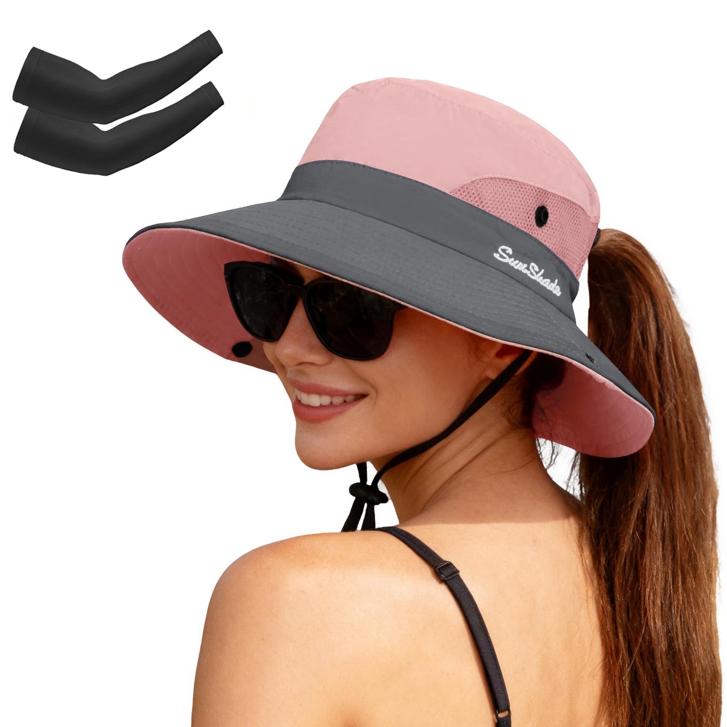 ZOORON Women's Ponytail Safari Sun Hat,Wide Brim UV Protection Outdoor Bucket Hat,Foldable Beach Summer Fishing Hat