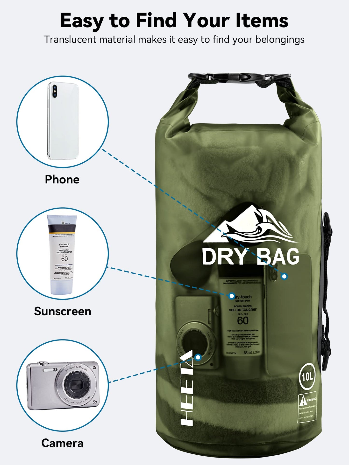 HEETA Waterproof Dry Bag for Women Men, Roll Top Lightweight Dry Storage Bag Backpack with Phone Case for Travel, Swimming, Boating, Kayaking, Camping and Beach, Transparent Pitch Green 5L