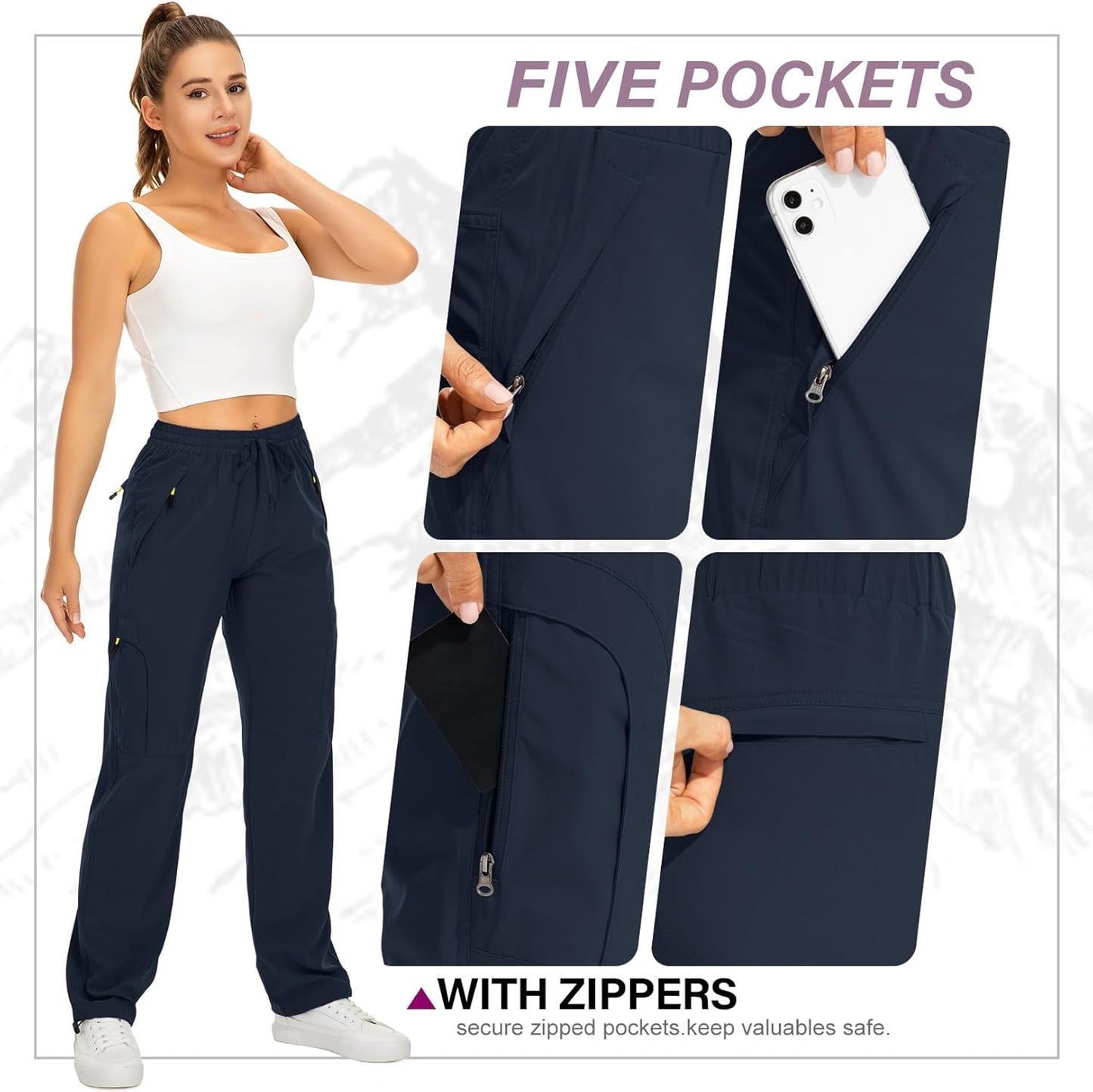 Women's Quick-Dry Hiking Pants | UPF 50 Lightweight Cargo with Zipper Pockets for Travel & Golf