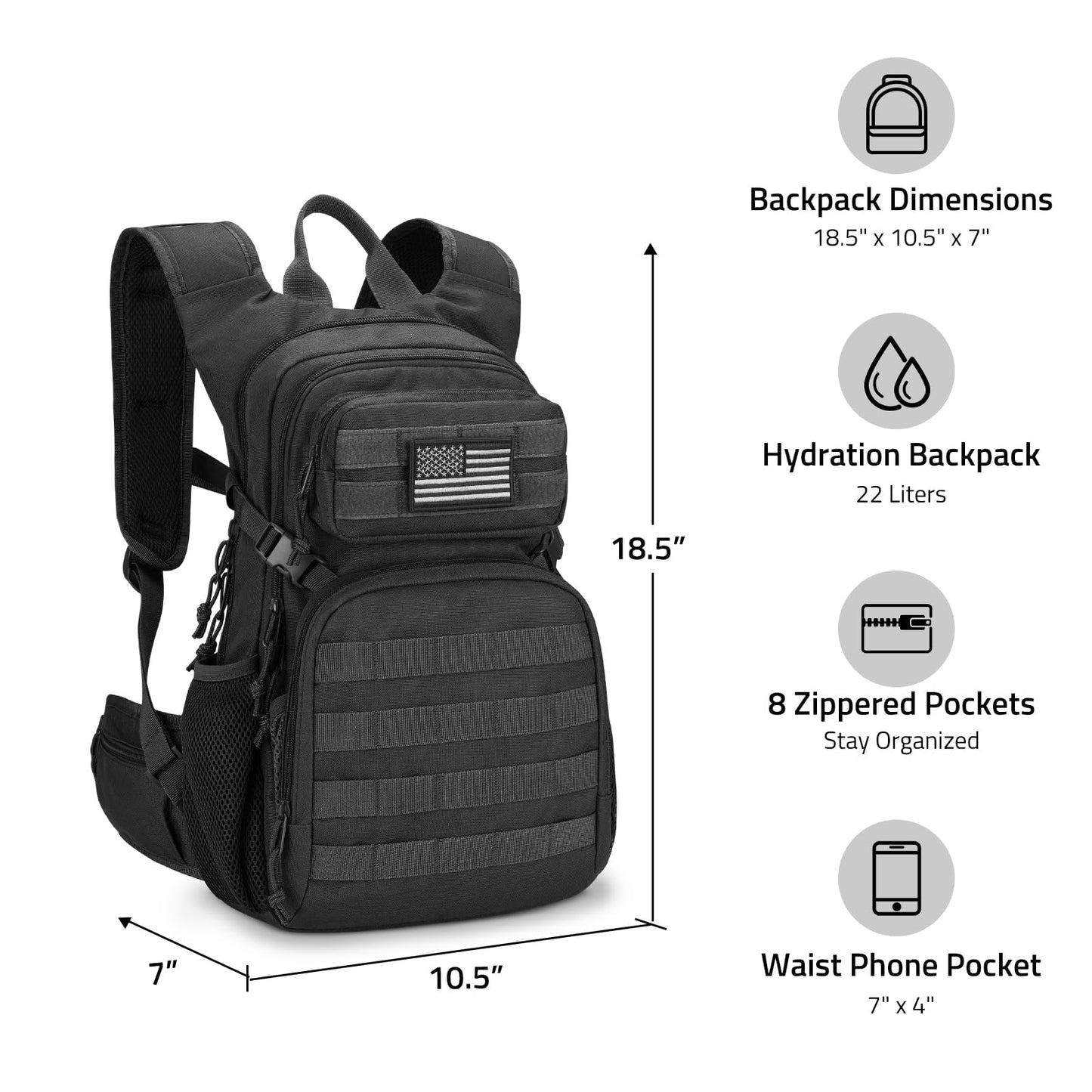 CVLIFE Hydration Backpack with 3L TPU Water Bladder, 22L Tactical Hiking Backpack for Men Women, Heavy Duty Molle Water Backpack with Multiple Compartments for Cycling Running Hunting Camping (Black)