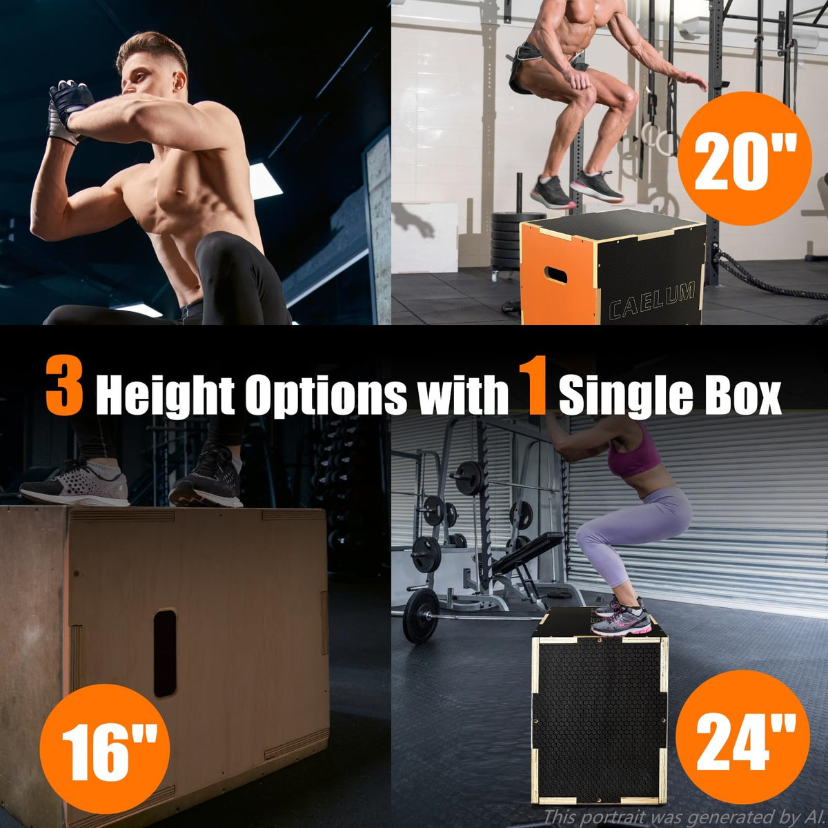 CAELUM 3-in-1 Wooden Plyo Box – 400lbs Heavy-Duty Jump Box for Home & Gym, Non-Slip Plyometric Box for Step-Ups, Squats & Strength Training Black Orange