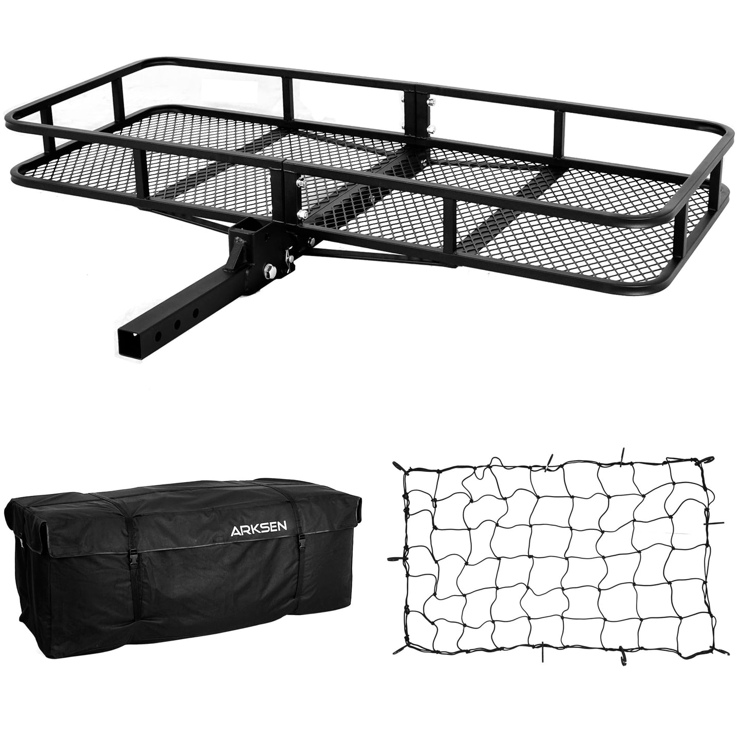 ARKSEN 60 x 25 Inch Folding Cargo Rack Carrier with Waterproof Cargo Bag & Nylon Net 500 Lbs Heavy Duty Capacity 2 Inch Receiver Luggage Basket Hitch Fold Up for SUV Pickup Camping Traveling