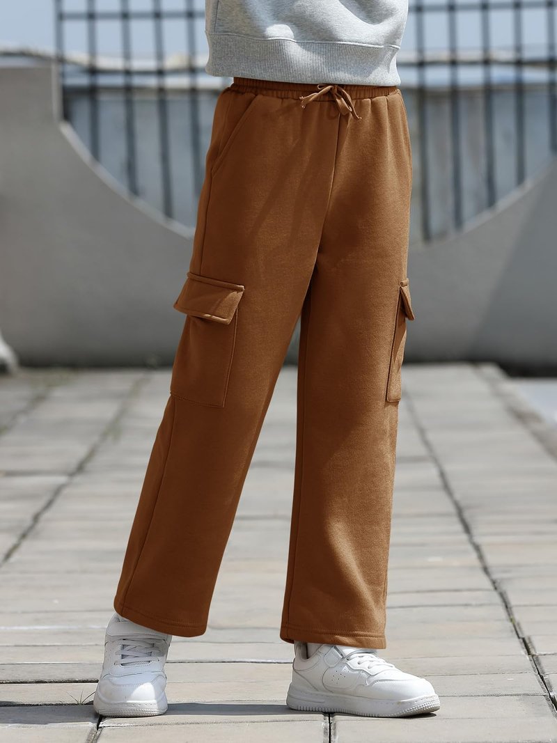 Haloumoning Boys Fleece Cargo Sweatpants Kids Athletic Wide Leg Joggers with Open Bottom and Drawstring & Pockets Brown