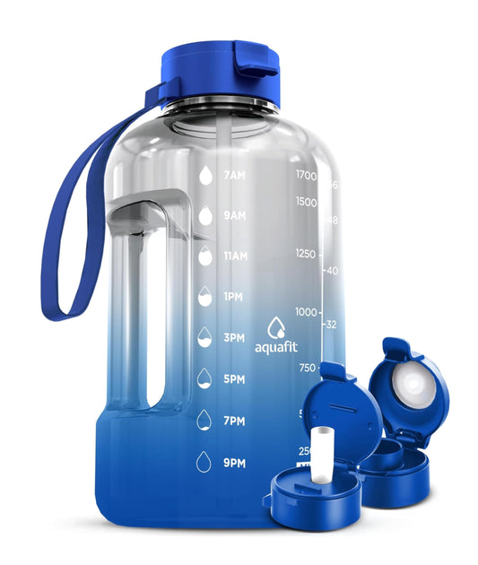 AQUAFIT 64 oz Water Bottle with Time Marker - Straw & Chug Lid - BPA Free Half Gallon Water Bottle, Big Water Bottle with Straw - Gym Water Bottle with Handle, Gallon Water Jug (Blue Skies, 64 oz)