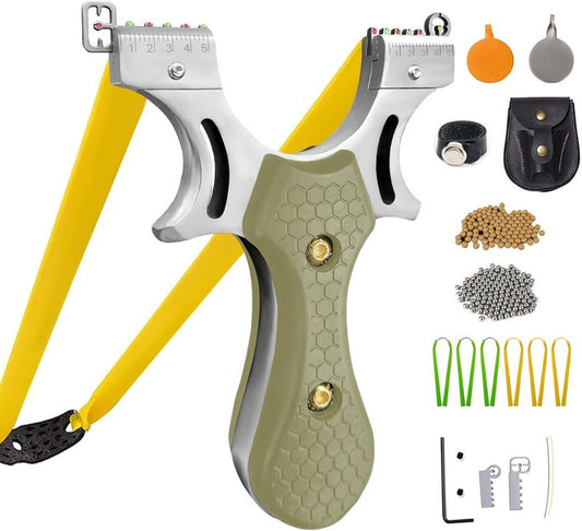 High-Velocity Tactical Slingshot Set - Professional Stainless Steel Catapult with Ammo Balls & Pouch | Olive Green