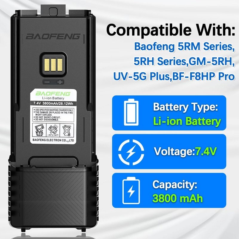 BAOFENG BF-F8HP PRO AR-5RM Battery Rechargeable 3800mAh Extended Battery Compatible with UV-5G Plus,UV-5RH PRO GPS,5RM,GM-5RH GMRS USB-C Charger for Ham Radio Handheld Walkie Talkies Accessories