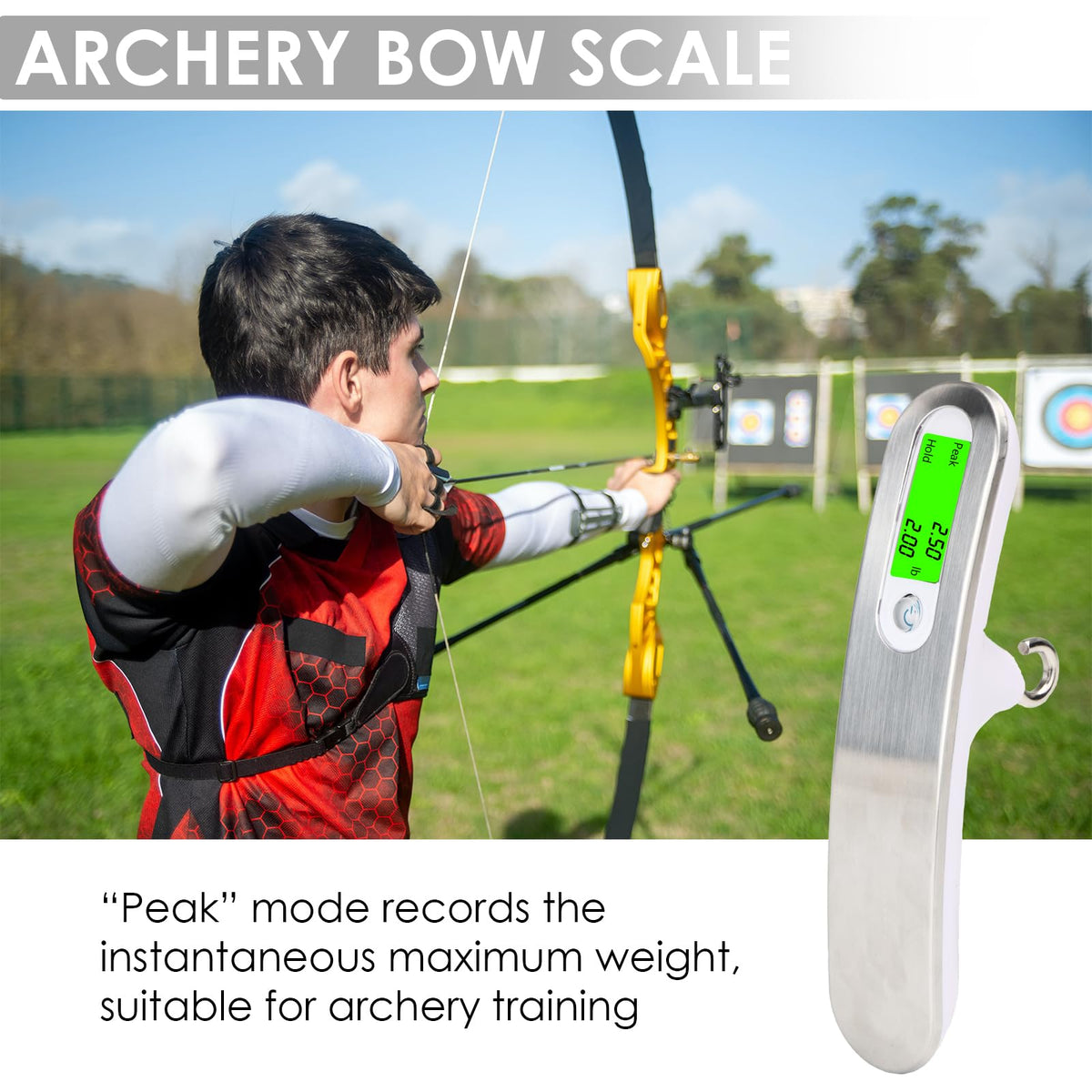 110lbs Archery Bow Scale for Draw Weight Digital Bow Scale with g/oz/kg/lb 4 Unit Conversions Luggage Scale for Traveling Bow Draw Weight Scale Recurve Bow Accessories (Silver) (Peak)