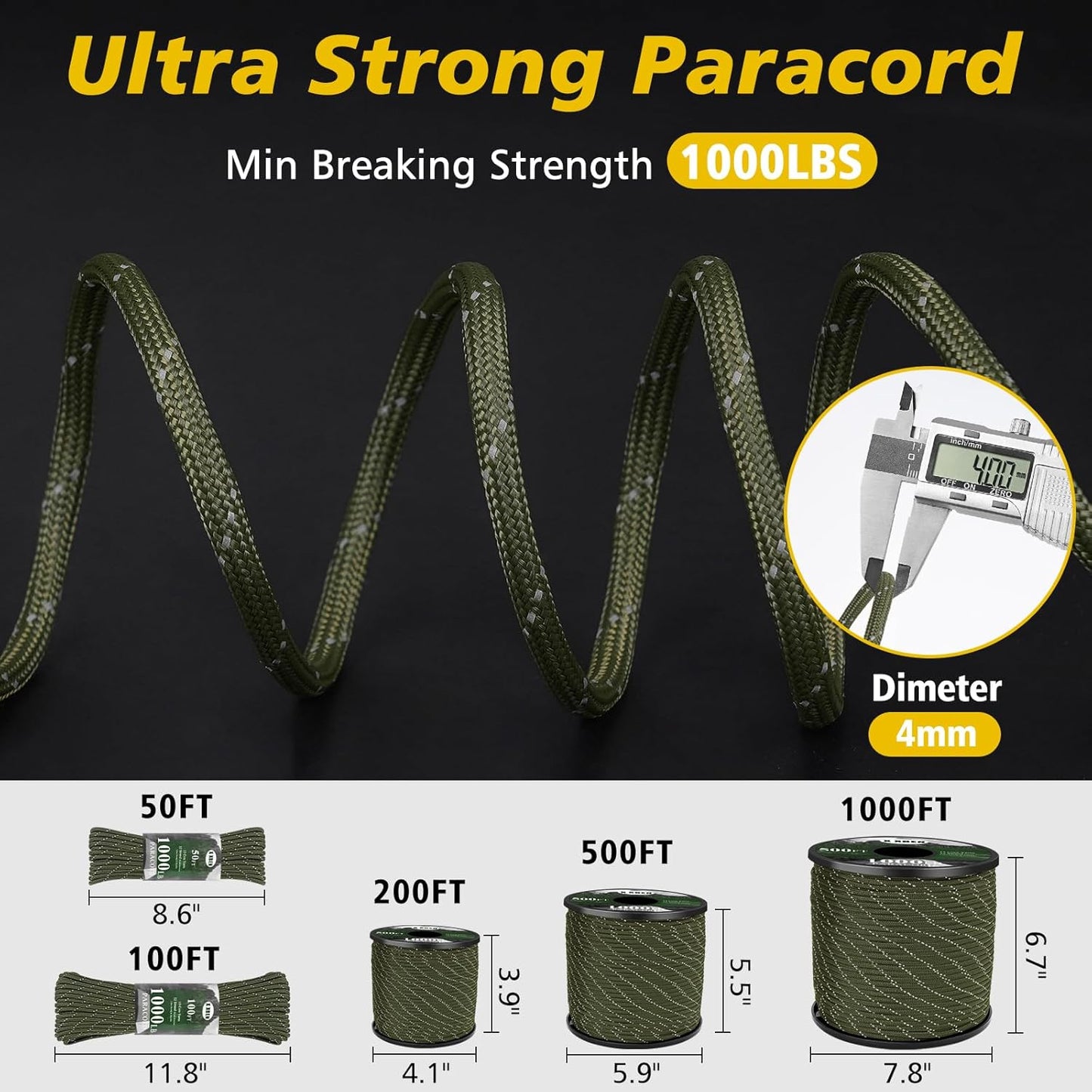 Reflective Paracord 1000lb - Heavy Duty 4mm 13 Strand Rope for Camping, Fishing, Hiking | Black 50/100/200/500/1000ft