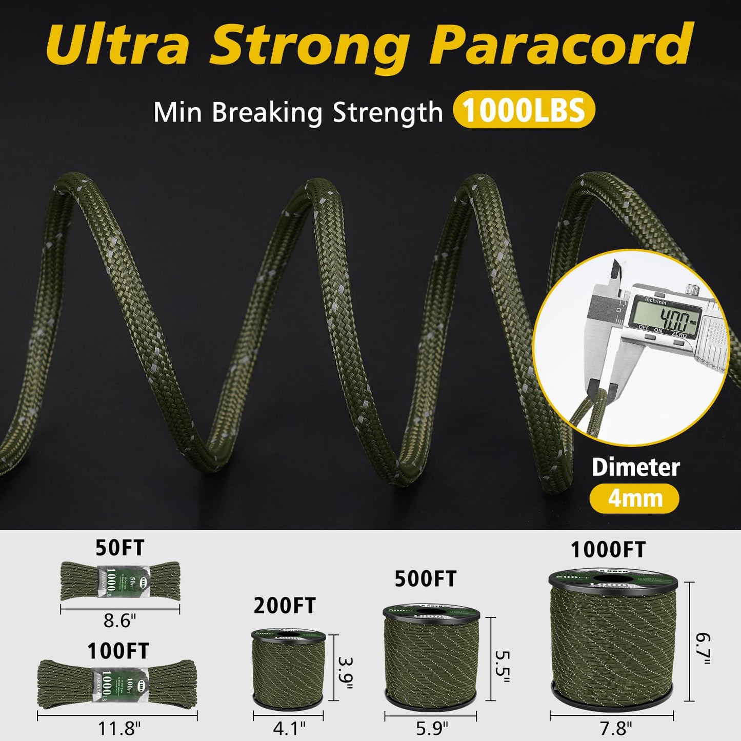 X XBEN Reflective Paracord 1000lb, 50/100/200/500/1000ft 4mm, 13 Strand Parachute Cord, Tactical Paracord Rope for Camping, Fishing, Clothesline, Hammock, Tent & Survival Bracelet, Army Green