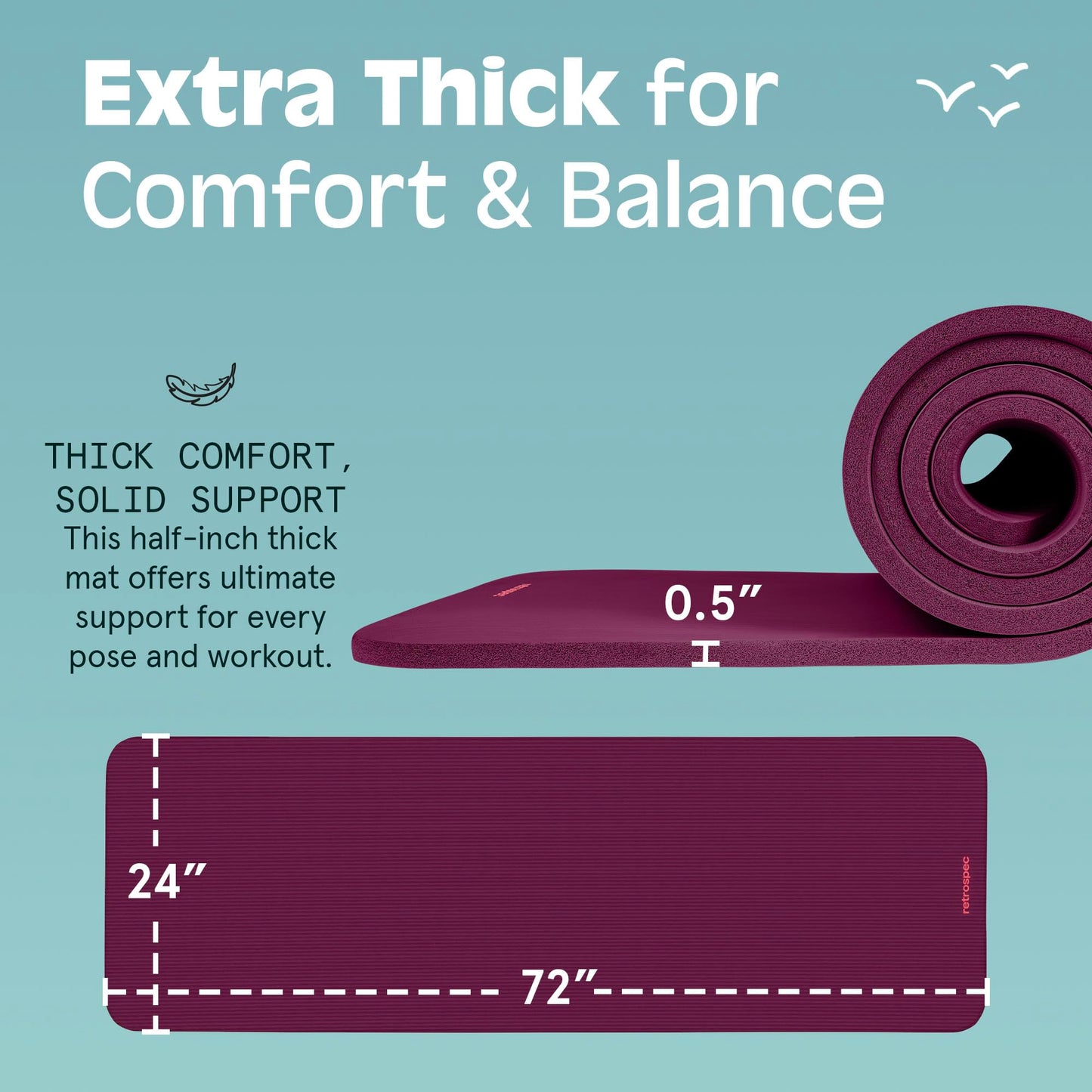 Retrospec Solana Yoga Mat 1/2" Thick w/Nylon Strap for Men & Women - Non Slip Excercise Mat for Yoga, Pilates, Stretching, Floor & Fitness Workouts