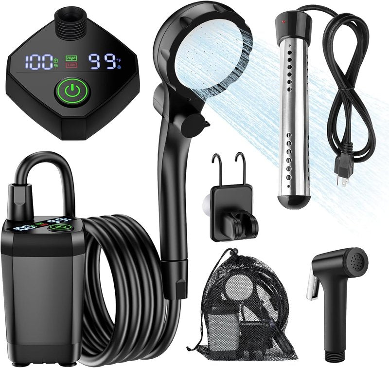 InkTrail Portable Camping Shower with Heater, Long-Lasting 6000mAh Rechargeable Camping Shower with Sprayer Head,4 Spray Modes,IPX7 Waterproof Outdoor Camp Pump for Hiking, Travel, Car, Pet