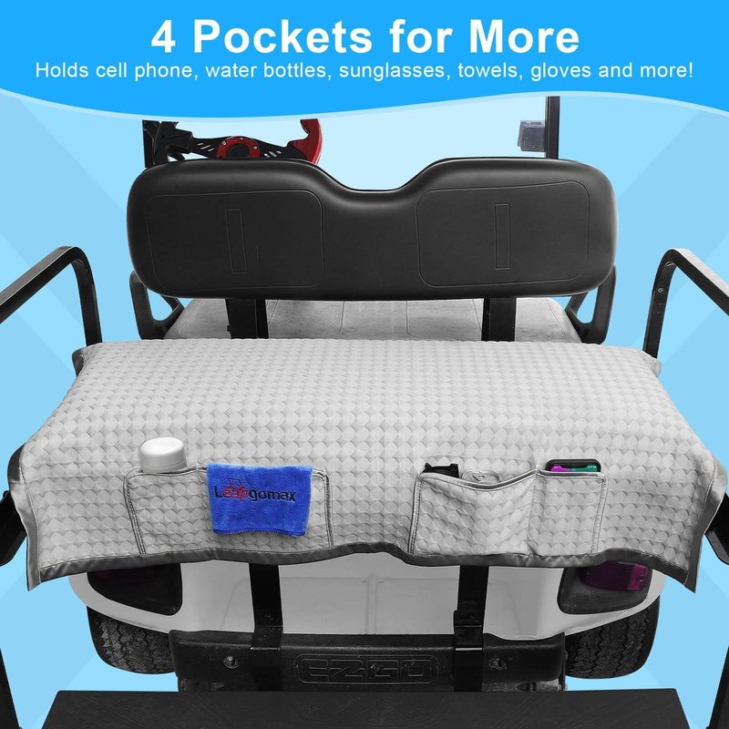 LEAPGOMAX Golf Cart Rear Seat Cover, Universal Cooling Ice Silk Golf Cart Back Seat Blanket for EZGO Club Car Yamaha, Breathable Fabric with 4 Pockets and Safety Straps