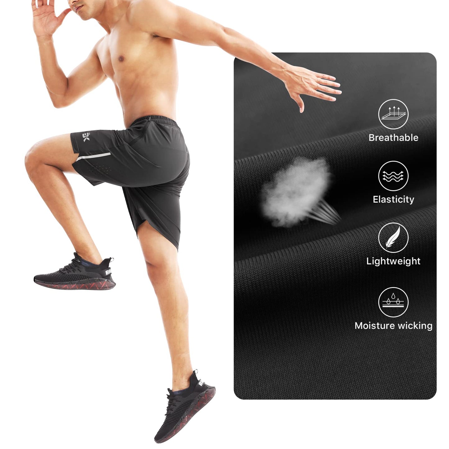 BROKIG Men's Lightweight Athletic Shorts 7 inch, Quick Dry Running Gym Workout Shorts for Men with Zip Pockets(Black,Medium)