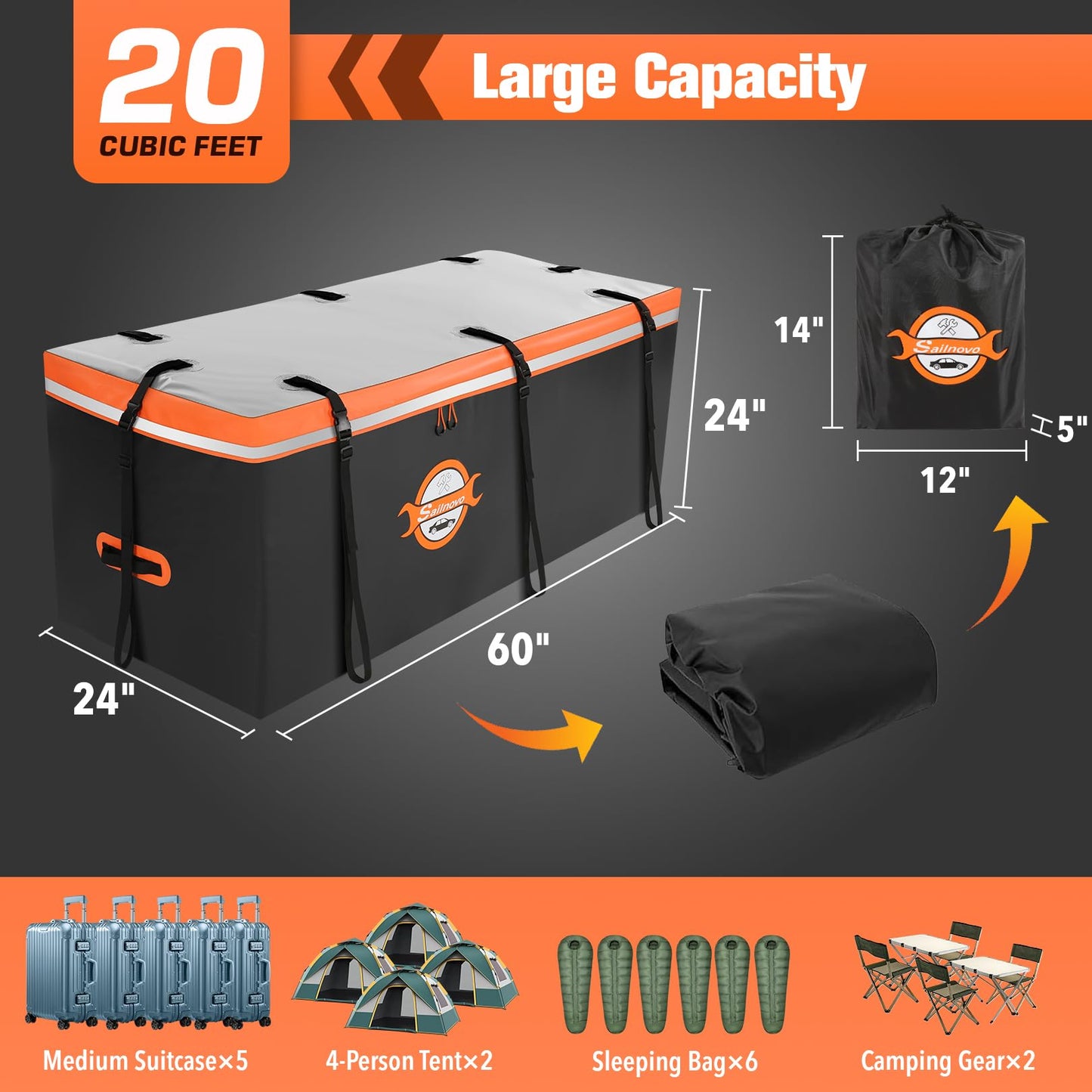 Sailnovo Hitch Cargo Carrier Soft Shell Bag Waterproof 20 Cubic Feet Cargo Bag for Hitch Carrier, PVC Trailer Hitch Storage Bag with 8 Reinforced Straps & Combination Lock & Storage Bag