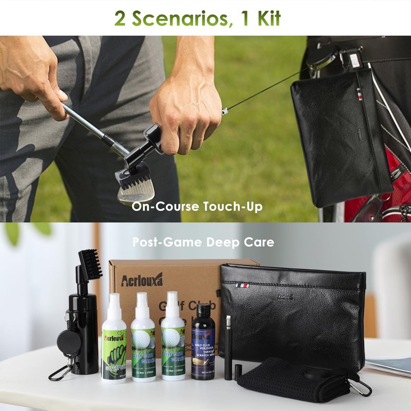 7-in-1 Golf Club Cleaning Kit - Club Cleaner, Grip Cleaner, Polish, Water-Spray Brush, Groove Cleaner, Magnetic Towel & Portable Bag | Restores Clubs, Removes Rust/Scratches, Renews Tackiness