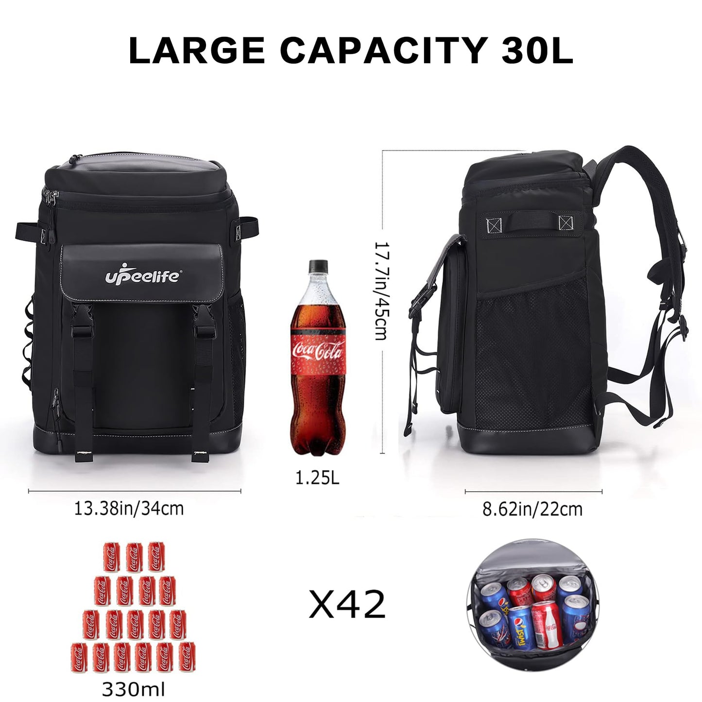 Cooler Backpack, 42 Cans Leakproof Backpack Cooler, Insulated Cooler Bag Picnic Backpack Soft Lightweight Ice Chest Backpack Lunch Backpack for Camping, Hiking, Beach (Black)